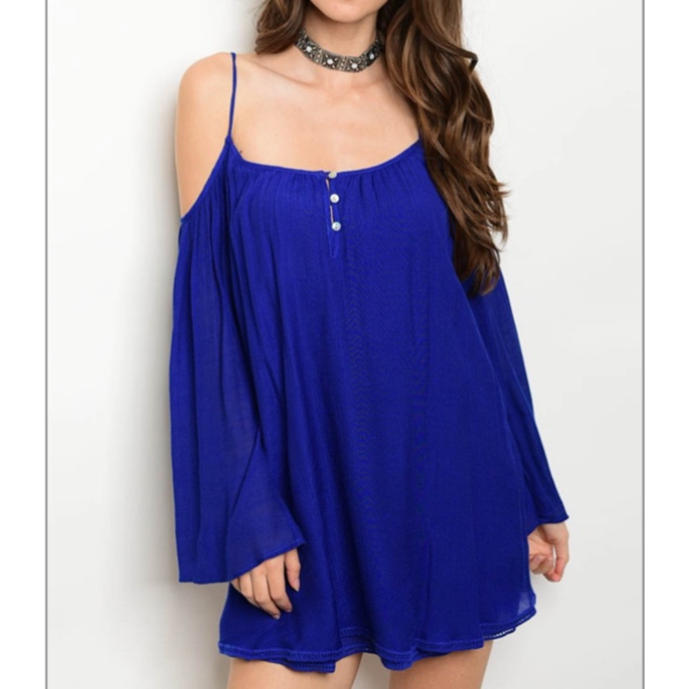 ❤️LAST M NEW Royal Blue Boho Cold Shoulder Dress - Picture 2 of 3